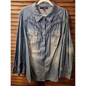 Plus Size Embroidered Denim Shirt Pearl Snap Ruffle Western Yoke #868